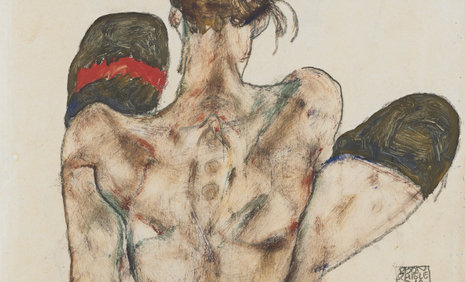 Egon Schiele, Sitzender weiblicher Rückenakt mit rotem Strumpfband, 1914 © Leopold Museum, Inv. 2338 Egon Schiele, Sitzender weiblicher Rückenakt mit rotem Strumpfband, 1914 © Leopold Museum, Inv. 2338