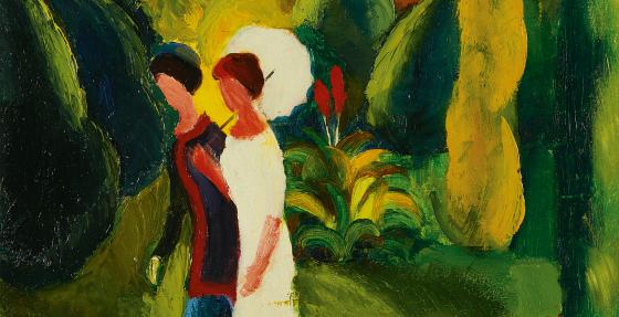 AUGUST MACKE, Frauen im Park (mit weißem Schirm), 1913 © Renate und Friedrich Johenning Stiftung, Foto: Leopold Museum, Wien/Manfred Thumberger