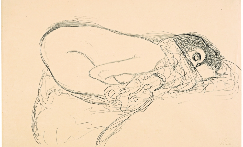 Gustav Klimt, Weiblicher Halbakt nach rechts in kniend-kauernder stellung. studie zu »Leda«, 1913/14 © Leopold Museum, Wien, Inv. 1375