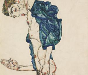 Egon Schiele, »Prediger« (Selbstakt mit blaugrünem Hemd), 1913 © Leopold Museum, Wien, Inv. 2365