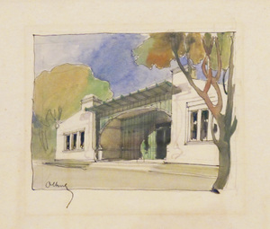 Joseph Maria Olbrich, Pavillon des Radfahrerclubs der Staats- und Hofbeamten. Vorderansicht des Radfahresclubs, 1898 © Leopold Museum, Wien, Secession