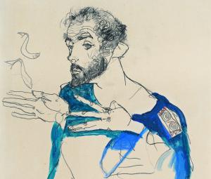 Egon Schiele, Gustav Klimt im blauen Malerkittel, 1913 © Privatbesitz