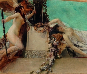 Gustav Klimt (1862–1918), „Altar des Dionysos“, 1886, Entwurf für das Deckengemälde im südlichen Stiegenhaus (Giebelfeld) des Burgtheaters, (Detail) Öl auf Leinwand, 32 x 158 cm © Dorotheum, 2020.