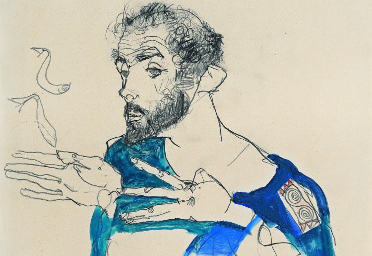 Egon Schiele, Gustav Klimt im blauen Malerkittel, 1913 © Privatbesitz