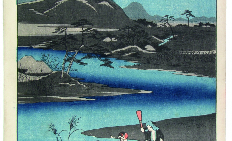 Ando Hiroshige, Klopfen der Kimono-Stoffe mit dem Flachbrett Kinuta, um die Farben wieder hervorzubringen, aus der Serie der "6 Diamantenflüsse", 1857 © Sammlung Leopold II