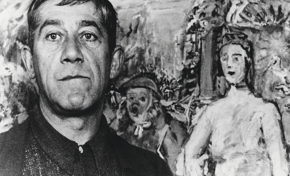 Emil Korner, Oskar Kokoschka vor dem Gemälde »Anschluß – Alice im Wonderland«, 1942/43 © Universität für angewandte Kunst Wien, Oskar Kokoschka-Zentrum