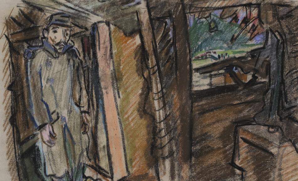 Oskar Kokoschka, Projektionsgewehr in eingedeckter Stellung, 1916 © Schwarze Kreide, Farbkreide auf Papier, 32,2 × 48,2 cm / Black chalk, colored chalk on paper Leopold Museum, Wien, Inv. 4674 © Fondation Oskar Kokoschka/Bildrecht, Wien 2014