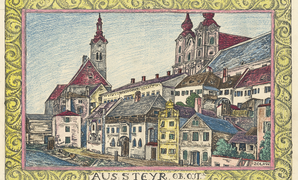 Franz von Zülow, Stadtansicht von Steyr, Entwurf für ein Deckelinnenbild, 1928 © JTI Collection Vienna