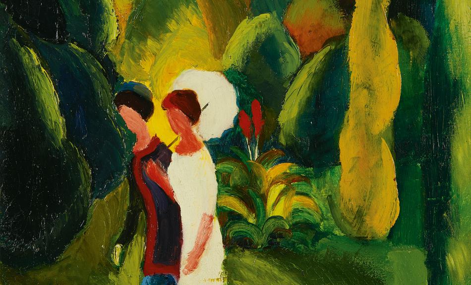 AUGUST MACKE, Frauen im Park (mit weißem Schirm), 1913 © Renate und Friedrich Johenning Stiftung, Foto: Leopold Museum, Wien/Manfred Thumberger