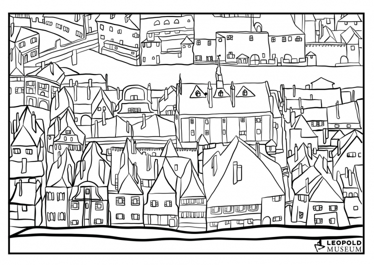 Malvorlage Egon Schiele, Die kleine Stadt III, 1913 ©Leopold Museum, Wien 2020.
